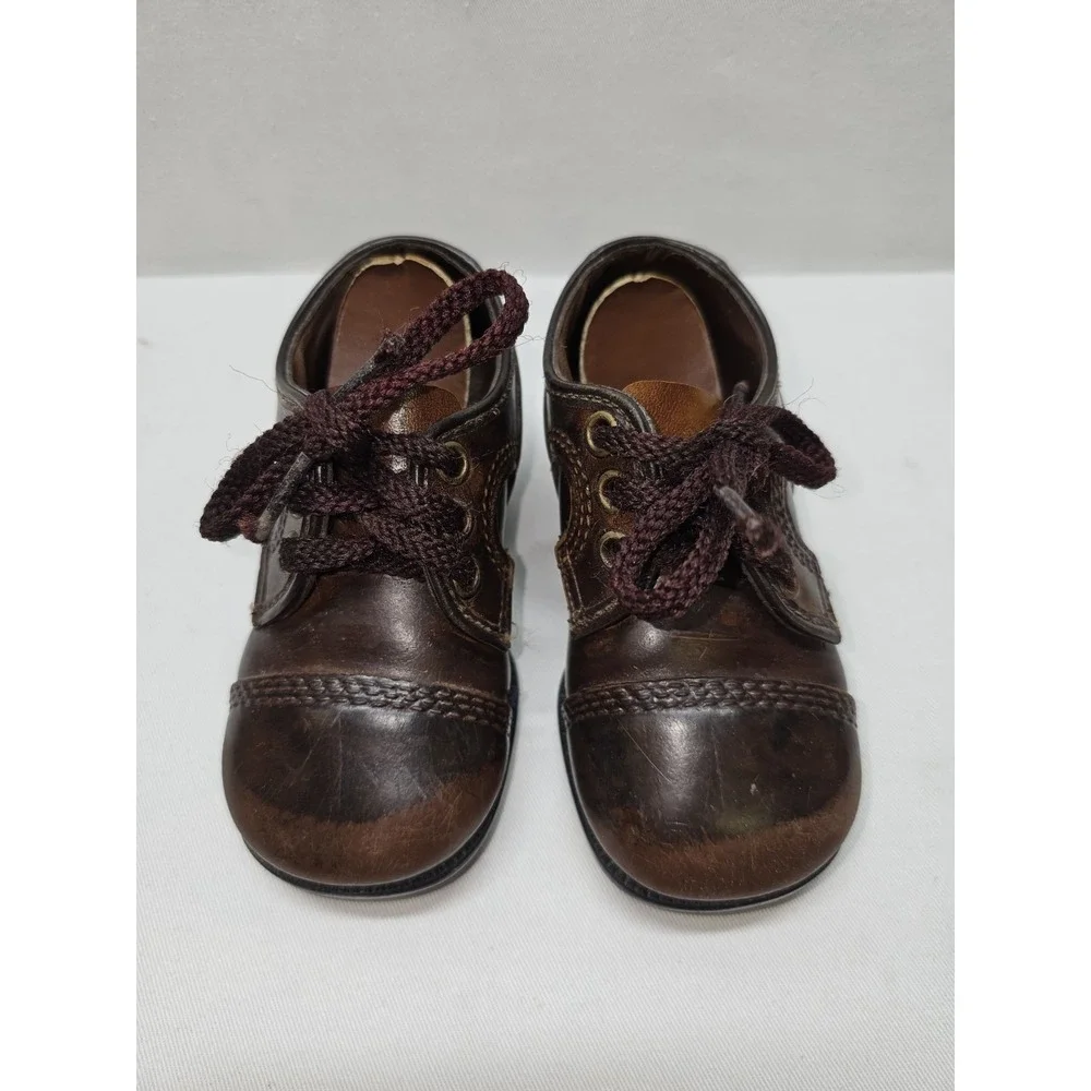 Vintage 1950s‎ Toddler Leather Shoes Brown Lace Up Oxfords Hard Sole Cap Toe